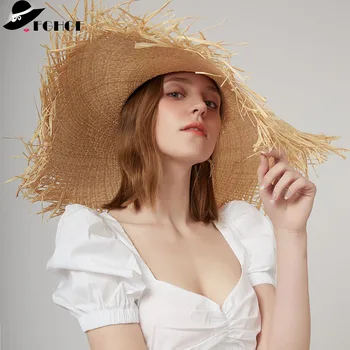 2018 קלאסית גדולה שוליים רחבים, רפיה, קש כובע אלגנטי רפוי חוף כובע בנות אישה בקיץ כובע סומבררו דרבי סאן קאפ