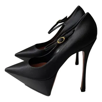 2023 אביב קיץ חדש סקסי סאטן נעלי נשים גבוהה פלטפורמת הבוהן מחודד אבזם משאבות שחור מעור גדול גודל
