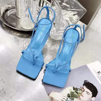 2023 אופנה צר גלדיאטור נשים סנדלים דק עקבים גבוהים נעלי אלגנטי בוהן מרובע קרסול אבזם רצועה מסיבת משאבות