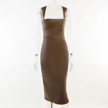 2023 חדש ללא שרוולים עור PU שמלת Bodycon נשים ארוך רזה רזה מוצק אופנה מזדמן באורך קרסול שמלת מועדון חלק שמלות