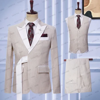 2023 חדש של גברים חליפת פשתן באיכות גבוהה אופנה אור חאקי עם חגורה גברים חליפת החתונה החתן שמלת טוקסידו 3-Piece Suit