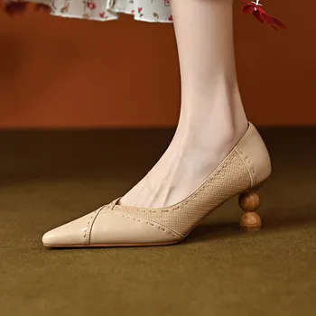 2023Spring נשים רדוד משאבות משמש עור אמיתי נעלי עבודה תפירה עיצוב 6cm חרוזים עקבים גבוהים נשים Chaussure