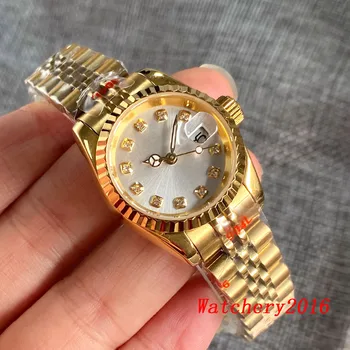 26mm זהב צהוב מצופה מטבע לוח קטן הגברת השעון ספיר זכוכית כסף חיוג תכשיטים NH05 תאריך שעון צמיד