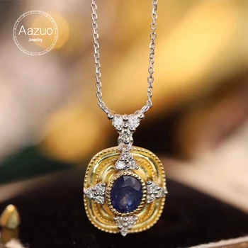 Aazuo 18K בסדר תכשיטי זהב צהוב יהלומים אמיתיים Natrual כחול ספיר מרובע שרשרת מתנה לנשים מסיבת אירוסין Au750