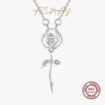 Ailmay אופנה 925 כסף סטרלינג קסם רוז תליון פרח זירקון ברור השרשרת עבור נשים רומנטיות תכשיטים לחתונה