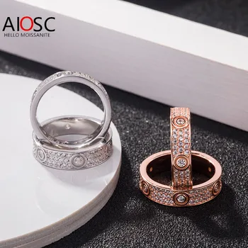 AIOSC 925 כסף סטרלינג רחב גרסת שלוש שורות D VVS1 Moissanite טבעת אירוסין עם יהלום הנצח כמה זהב צהוב טבעות