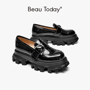 BeauToday פלטפורמת נעלי נשים עור פטנטים דירות תנין תבנית עגולה בוהן אבזם קישוט בנות להחליק על עבודת יד 27738