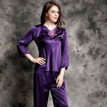 Birdsky, 1SET נשים פיג 'מה pijamas פיג' מות להגדיר nightwear שרוול ארוך תחרת הלבשת לילה צוואר V 100% התות משי סאטן מוצק, S-307