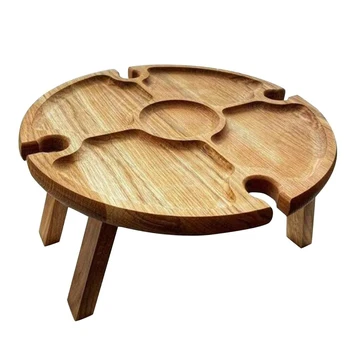 Bitpure עץ מתקפל שולחן עם חריצים גביעים צורה עגולה שולחן מתקפל עבור מסיבת גן, פיקניק, קמפינג
