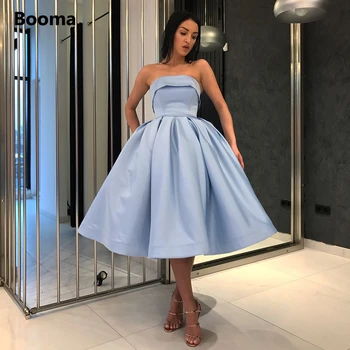 Booma מאובק הכחול Midi שמלות לנשף סטרפלס עם קפלים קו-הכל שמלות ערב ללא שרוולים תה באורך פורמאלית שמלות