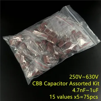 CBB קבלים מסוגים שונים קיט,דוגמת התיק,15ValuesX5PCS=75PCS,250V 400V 630V, 472 ל 105 ,לא קוטביות AC קבלים