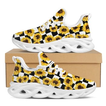 Doginthehole יצירתי משובץ עיצוב גבירותיי נעלי פרחים חמניות תבנית בנעלי ריצה מותאמת אישית תחרה גופר נעליים