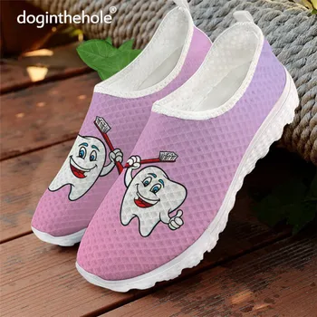Doginthehole קלאסי שיניים שטוח נעלי נשים צבע נעליים מותג עיצוב חמוד שן מודפסת רשת להחליק על נעליים planos
