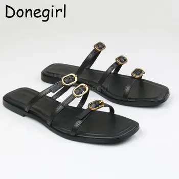 Donegirl 2023Summer ניו נשים אופנה עור דירות אבזם מתכת מוצק נעלי בית מזדמן פשוט החיצון ללבוש נעלי החוף נקבה שיק