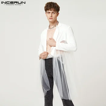 INCERUN מקסימום 2023 בסגנון אמריקאי גברים אופנה החדרת רשת בלייזר מסוגנן רואה דרך בינוני עם שרוולים ארוך דק חליפת מעילים S-5XL
