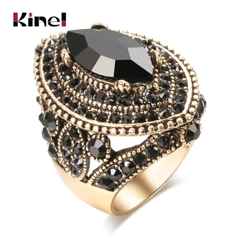 Kinel יוקרה שחור עתיק טבעת עבור נשים וינטאג ' תראה AAA קריסטל בוהו תכשיטי זהב צבע קסם אתני טבעת נישואין.