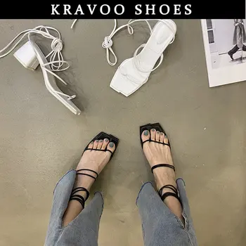 KRAVOO 2023 החדש צר סנדלי נשים העקב עבה בנות רצועת קרסול נעליים באיכות גבוהה בוהן פתוח סנדל קיץ Mujer