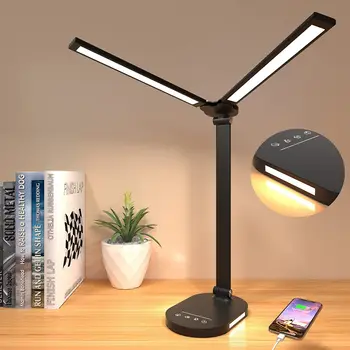 LED מנורת שולחן,כפול ראש העין-אכפתיות מתקפל שולחן אורות עם אור בלילה USB לטעינה Stepless עמעום 5 צבע לבית/לקרוא