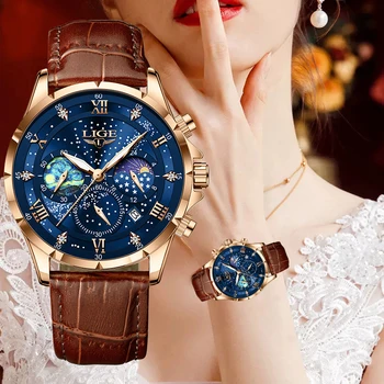 LIGE נשים שעונים האופנה יוקרה קוורץ רצועת עור הירח שלב עמיד למים זוהר שעון תאריך עסקים מזדמנים גברת שעון