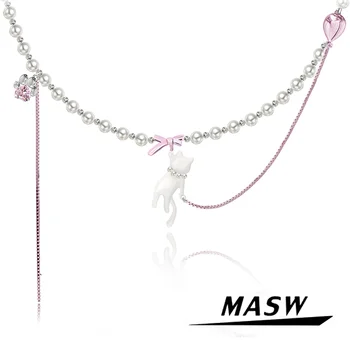 MASW עיצוב מקורי מקסים סגנון שכבה אחת באיכות גבוהה פליז לבן חתול שחור סיבוב שרשרת חרוז עבור נשים במסיבת בנות מתנה
