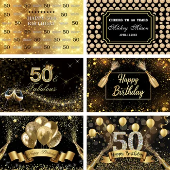 Mehofond יום הולדת 50 תפאורות זהב שחור בלונים שמפניה נצנצים שם מותאם אישית עיצוב המסיבה צילום רקע Photocall