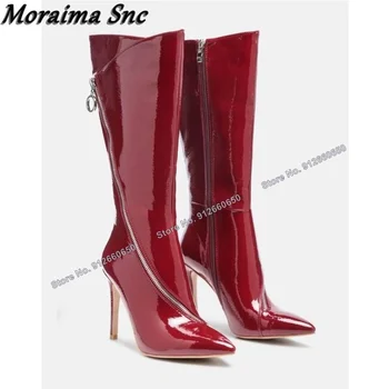 Moraima Snc אדום מעור רוכסן עיצוב מגפי נעלי נשים גבוה הברך נעלי עקבים גבוהים מסלול נעליים Zapatillas Mujer