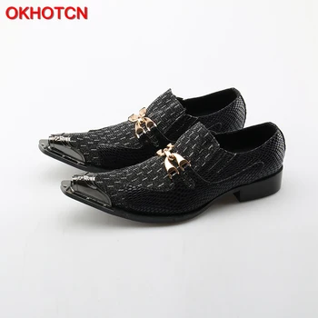 OKHOTCN שחור מתכת מחודד בוהן גברים נעלי עור אמיתי עסקי פורמלי נעלי זהב Hasp משובץ Mens החליפה שמלה נעלי חתונה