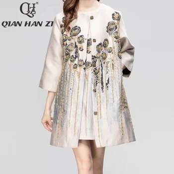 QHZ סתיו/חורף מעצב אופנה חרוזים וינטאג 'מעיל נשים 3/4 שרוול פרח אקארד קריסטל יוקרה אלגנטית' קט