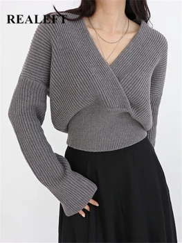 REALEFT סתיו חורף 2023 חדש הצלב V-צוואר נשים סוודרים מוצק שרוול ארוך מזדמנים מכנסיים סרוגים Pullovers סוודרים נקבה