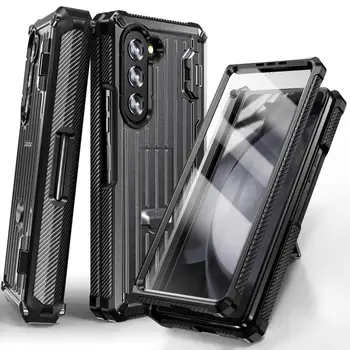 Shockproof Armor Case For Samsung Galaxy Z Fold5 Fold4 Fold3 מקפלים 5 4 3 מתקפל ציר מחזיק עט כבדים מכסים עם סוגריים.