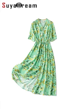 SuyaDream נשים פרחוני שמלות 100%משי קרפ צוואר V מודפס זמן שמלת החולצה 2023 אביב קיץ החוף סגנון הבגדים ירוק