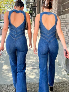 TARUXY ללא משענת לב מגזרת Bodycon אוברול לנשים מזדמנים ללא שרוולים רזה חלק אחד תלבושות רטרו סרבל ג ' ינס חדש 2023