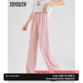 Toyouth נשים מזדמנים מכנסיים 2023 הקיץ שרוך מותן ישר רופף רחב הרגל מכנסיים נוחים ורוד רך המכנסיים