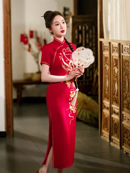 Yourqipao הקיץ סלים משי Cheongsam זמן מסלול אדום אלגנטי משתה צ ' יפאו בסגנון סיני ערב שמלת כלה לנשים