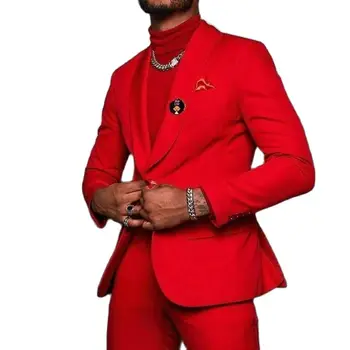 אדום חליפות גברים חליפות עסקים סיבתי חליפות שושבינים חליפות גברים חליפות חתונה Terno Masculino תחפושת Homme 2PCS(קט+מכנסיים)