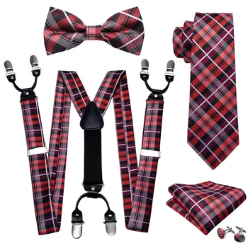 אדום משובץ מראש עניבת משי, עניבות לגברים כתפיות חפתים מטפחת להגדיר בארי.וואנג Fahsion מעצב החתונה מתנה S-2009