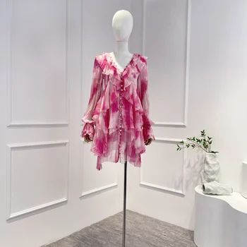 אוסף חדש באיכות גבוהה עניבה-צבע V-צוואר מכופתרת Ruffels טלאים סגול ורוד נשים בגדי שמלת הקיץ