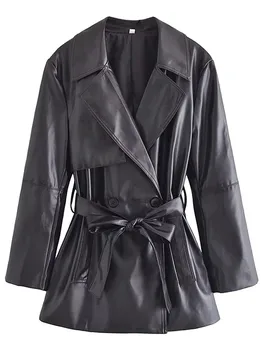 אופנה חגורת Bodycone מעיל לנשים עור PU שרוול ארוך מידי להאריך ימים יותר 2023 חדש סתיו שיק מזדמן נקבה ' קט