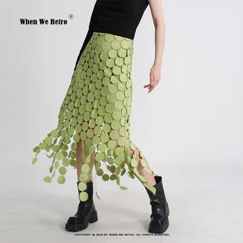 אופנה לגזור חצאית לנשים לא סדיר וינטג ' טלאים ציצית Midi חצאית גבוהה המותניים קיץ ירוק ורוד שחור חצאיות RS121