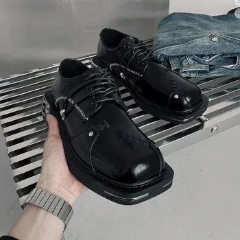 אופנה מתכת תחרה Mens מקרית נעלי העקב עבה בוהן מרובע נהיגה סירות Mens דרבי הנעל