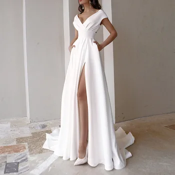 אלגנטי לנשים חתונה לבנה שמלות אופנה עמוק צוואר V Bridsmaid שמלת ערב סקסית גבוהה לפצל את אורך רצפת Vestidos דה פיאסטה