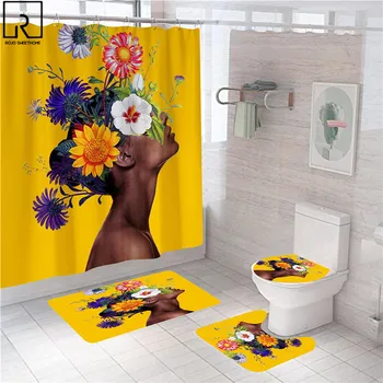 אמנות נשים שחורות פרחים וילון אמבטיה בד דקורטיביים לאמבטיה וילון מזרן סט טואלט רך שטיח אמבטיה מודרני אביזר הביתה