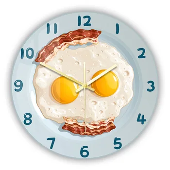 בייקון וביצים מטוגנות חיוך שעון קיר המטבח בחדר האוכל ביצים מקושקשות, בייקון אוכל ארוחת בוקר אמנות קיר דקורטיבי לצפות