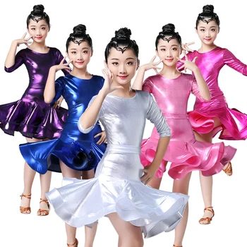 בנות חצי שרוול ריקודים לטיניים חצאית פלאש בד תחרות ביצועי בגדים לילדים מחול מודרני תלבושות הבמה ללבוש.