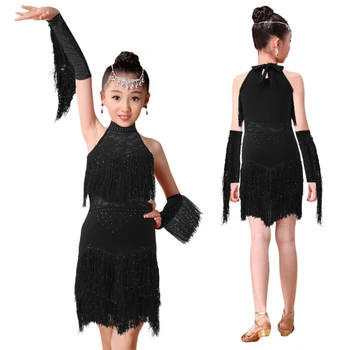 בנות תחרה ריקודים לטיניים ציצית השמלה תחרות המדים ביצועי Dancewear עם סט כפפה