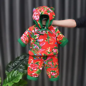 בסגנון סיני צבעוני לילדים חורף להגדיר לעבות דפוס פרחים בנים בנות כותנה ז ' קט מכנסיים חג המולד שנה החדשה טאנג חליפה