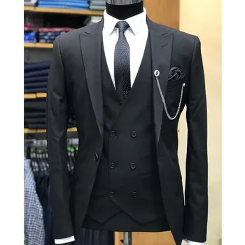 גברים חליפת כפתור אחד שחור החתן החתונה טוקסידו שיא דש גברים חליפות שושבין בלייזר (ז ' קט+מכנסיים+אפוד+עניבה) terno masculino