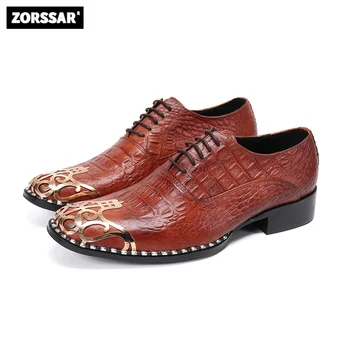 גברים נעליים מזדמנים נעלי עור מחודד בוהן אופנה הבוהן מתכת בסגנון מודרני עבודת יד זכר נעליים מזדמנים גברים נעלי אוקספורד