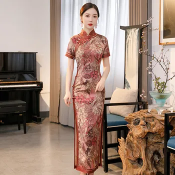 הגברת הדפס פרחים Cheongsam צווארון מנדרינה שמלת מסיבת סאטן שמלת וינטג כפתור הסינית המסורתית צ ' יפאו סקסי נדן Vestidos