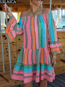 הדפסה של נשים שמלות קיץ 2023 החוף מזדמנים אלגנטי מסיבות החופשה את כתף שרוול ארוך אישה הבגדים מיני שמלה